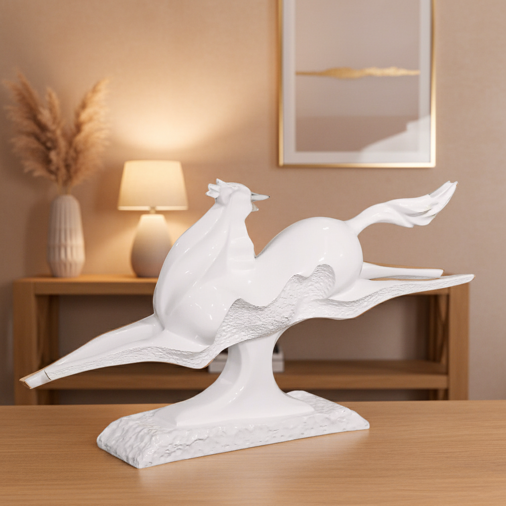 Decorative white sculpture of two birds on a branch in a home setting.