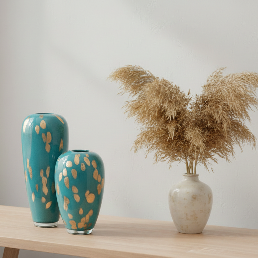 Two teal vases with gold patterns and a white vase with dried plants on a wooden surface.
