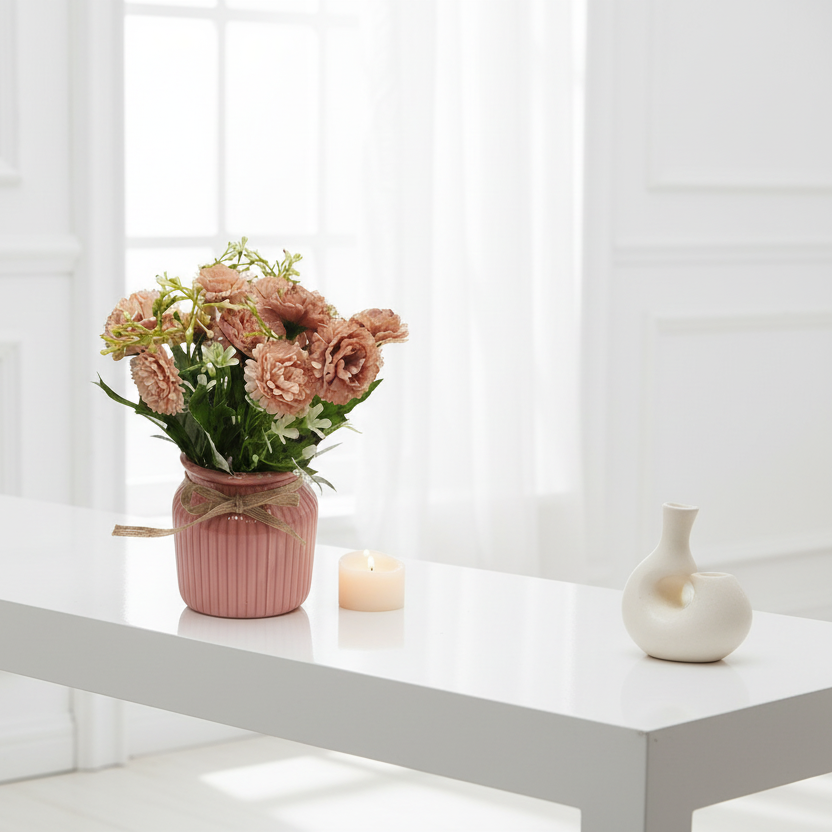 Pink vase with flowers and a candle on a gray background