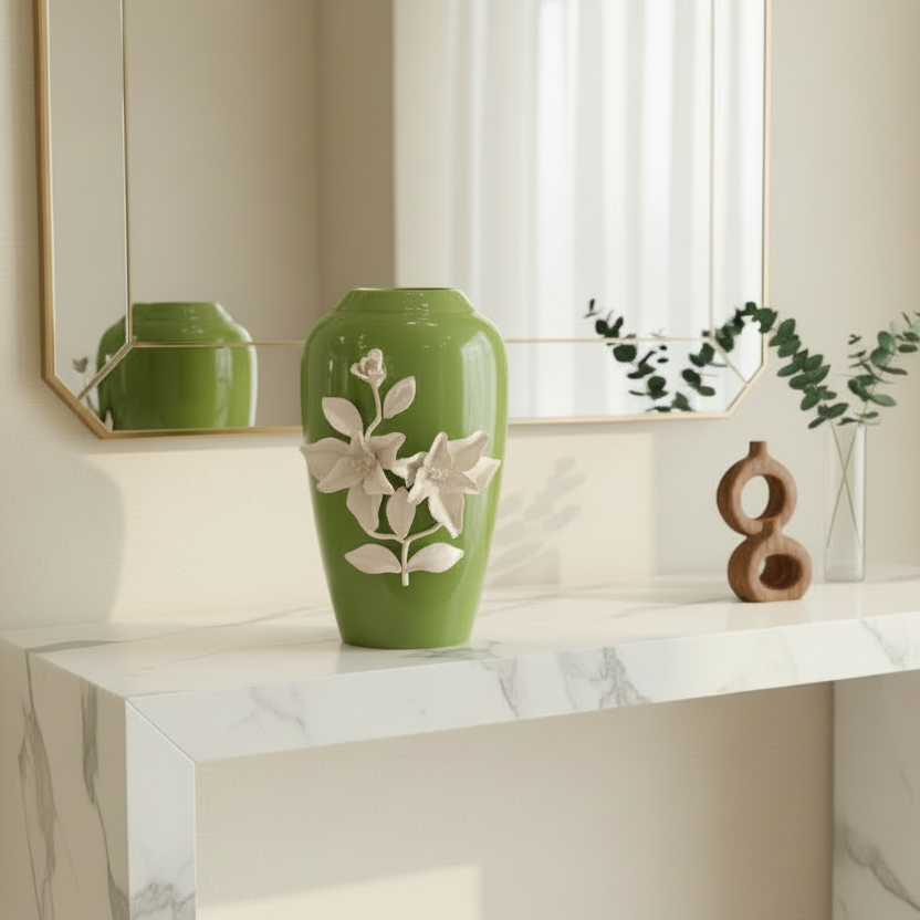 Green vase with floral designs on a wooden surface
