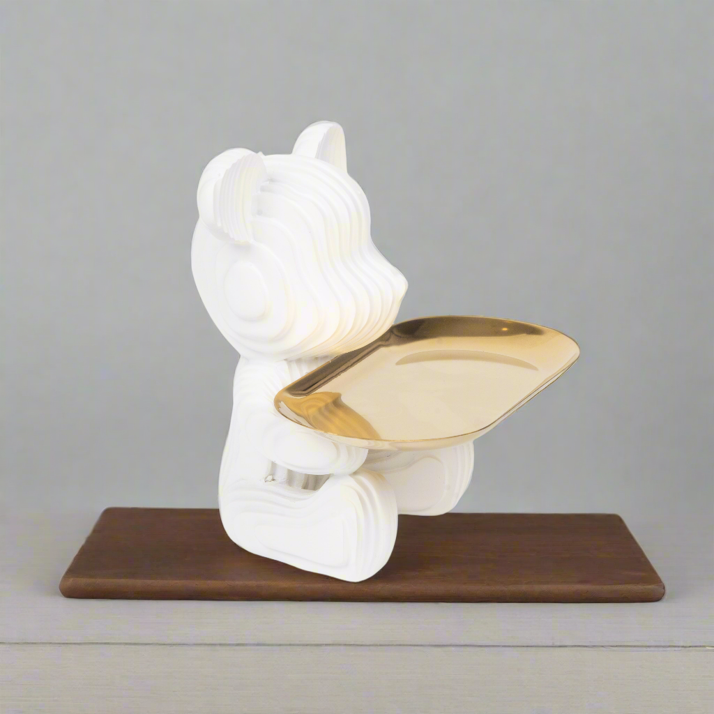 Playful Bear Figurine with Golden Tray
