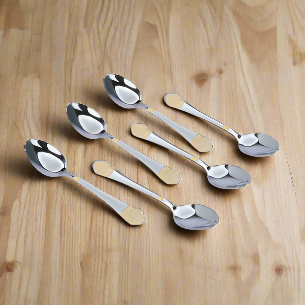 Elegant Sips: 6-Piece Sliver Glided Stainless Steel Teaspoon Set with Gold Accent