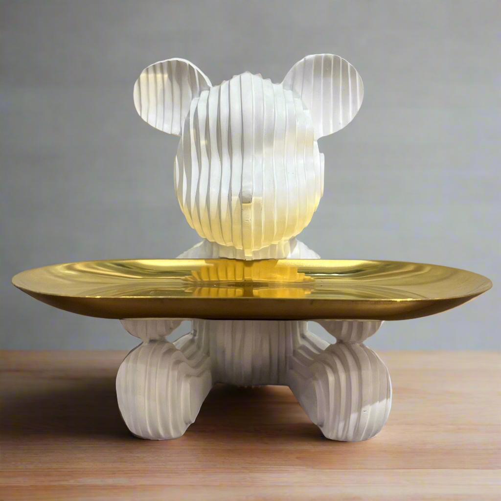 Playful Bear Figurine with Golden Tray