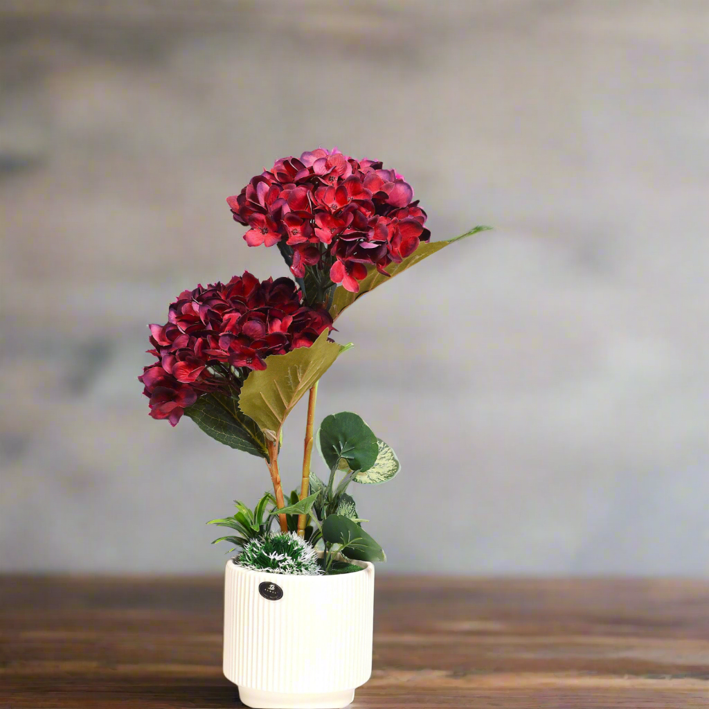 Rich Elegance: Artificial Burgundy Hydrangea Arrangement in Ceramic Ribbed Cream Pot