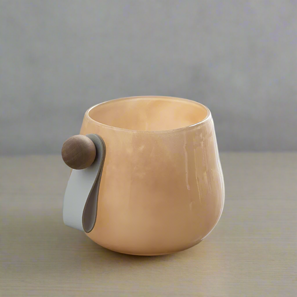 Modern Nordic Peach Glass Vase with Leather & Wood Accent
