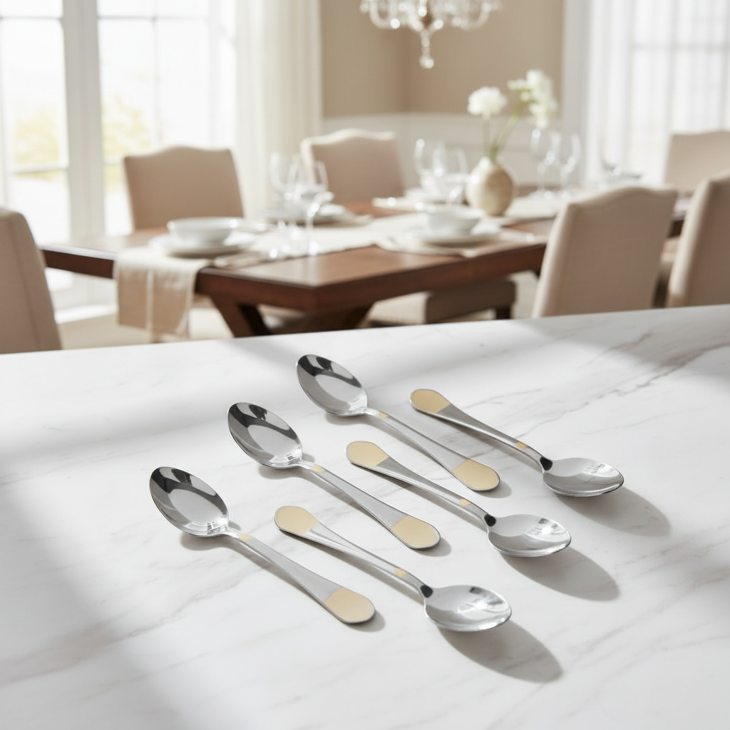 Set of silver spoons with gold accents on a white surface, with a dining room in the background.