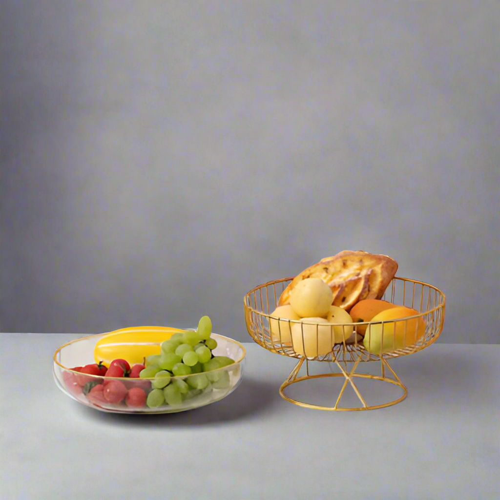 Golden Lattice: Modern Metal Fruit Basket with Fibre Bowl