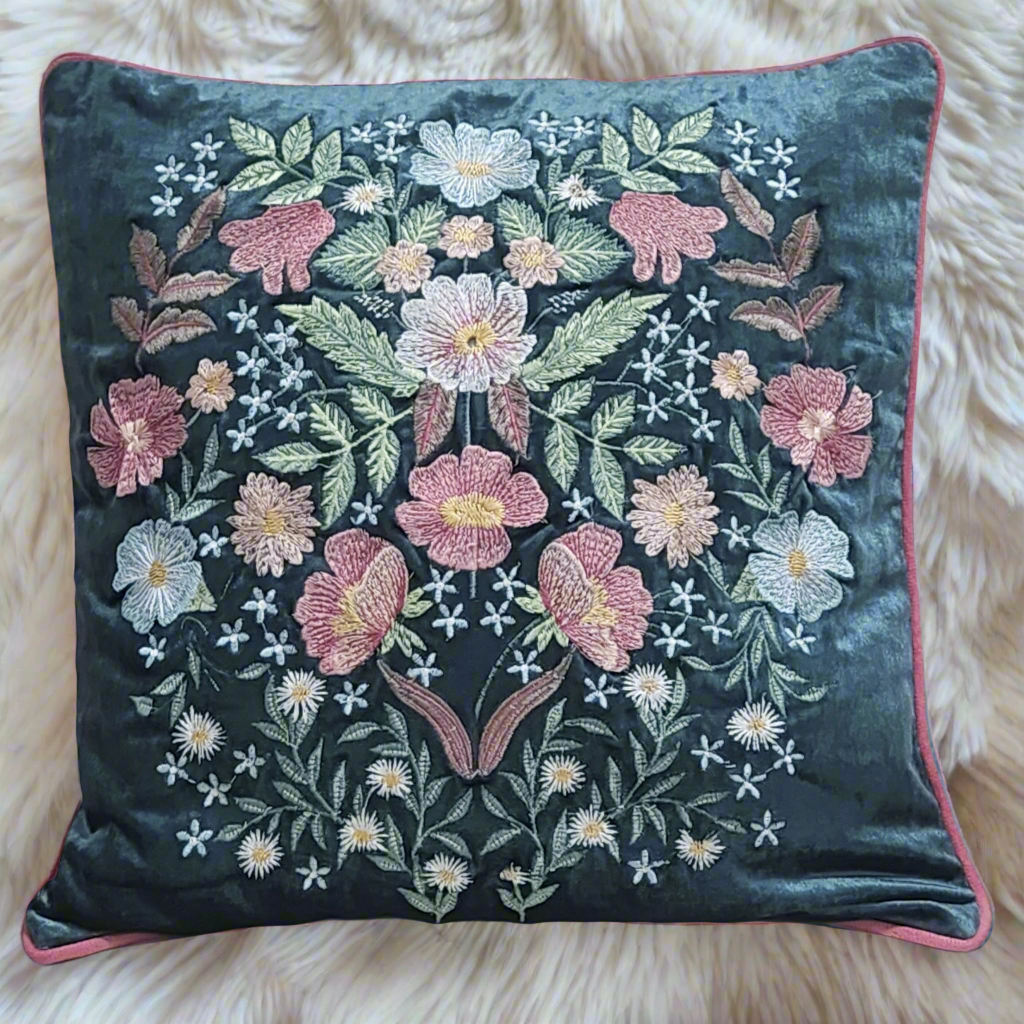 Opulent Bloom Embroidered Velvet Cushion Cover