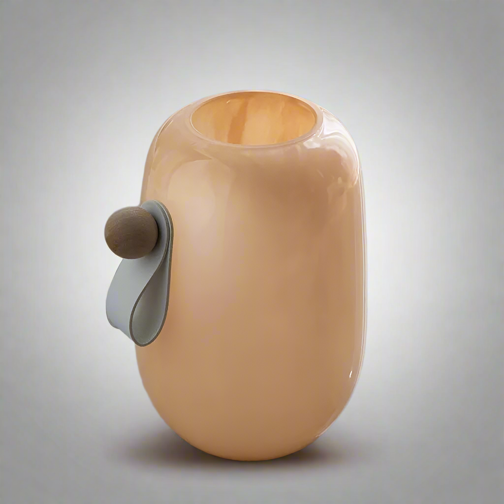 Modern Nordic Peach Glass Vase with Leather & Wood Accent (Large)