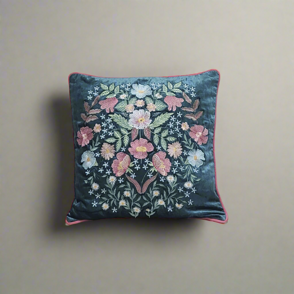 Opulent Bloom Embroidered Velvet Cushion Cover