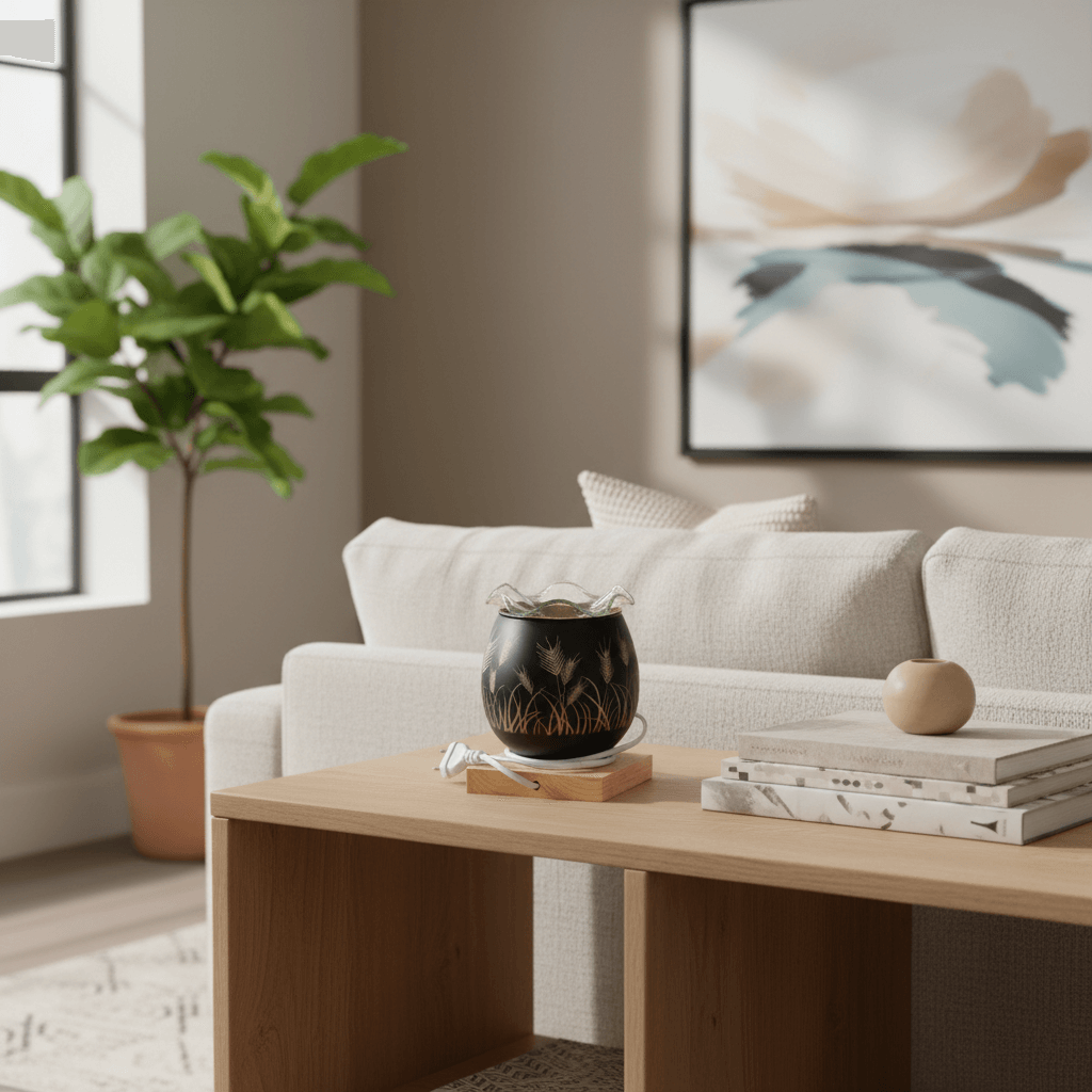 Modern living room with a beige sofa, wooden coffee table, and decorative items.