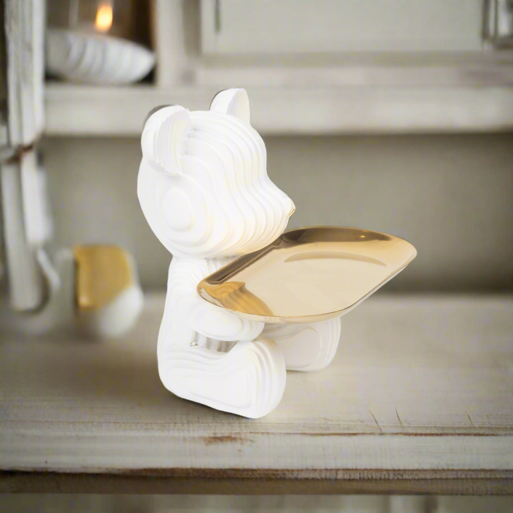 Playful Bear Figurine with Golden Tray