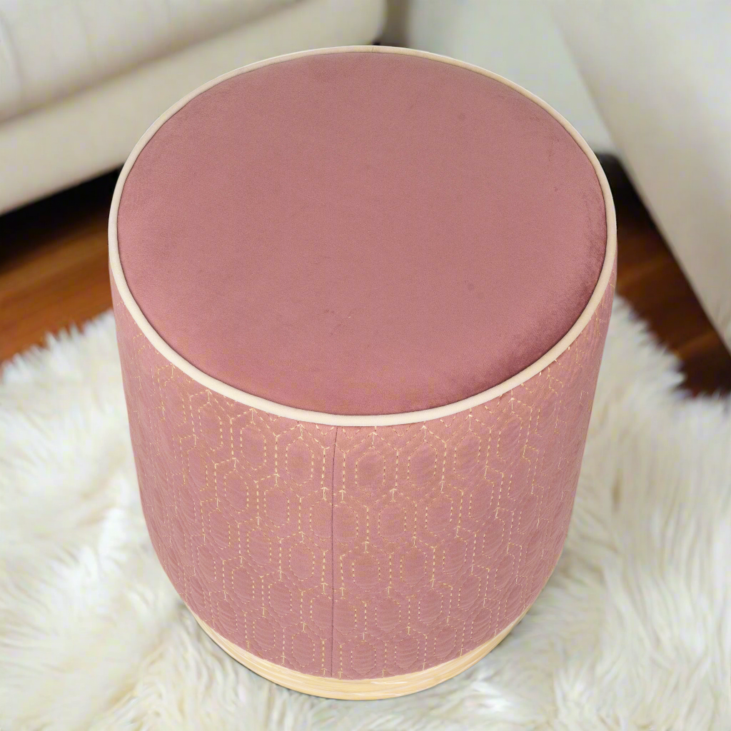 Rose Pink Velvet Ottoman with Geometric Stitching