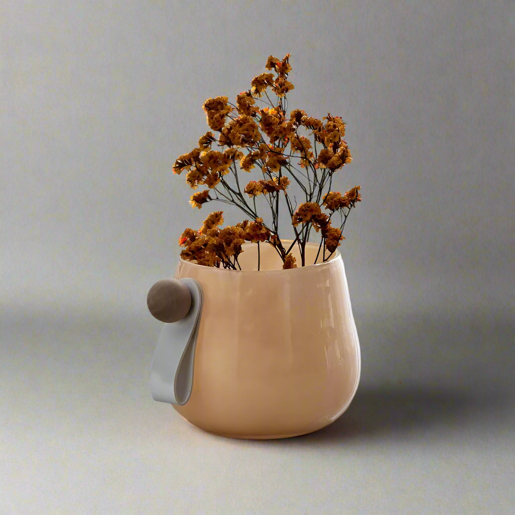 Modern Nordic Peach Glass Vase with Leather & Wood Accent