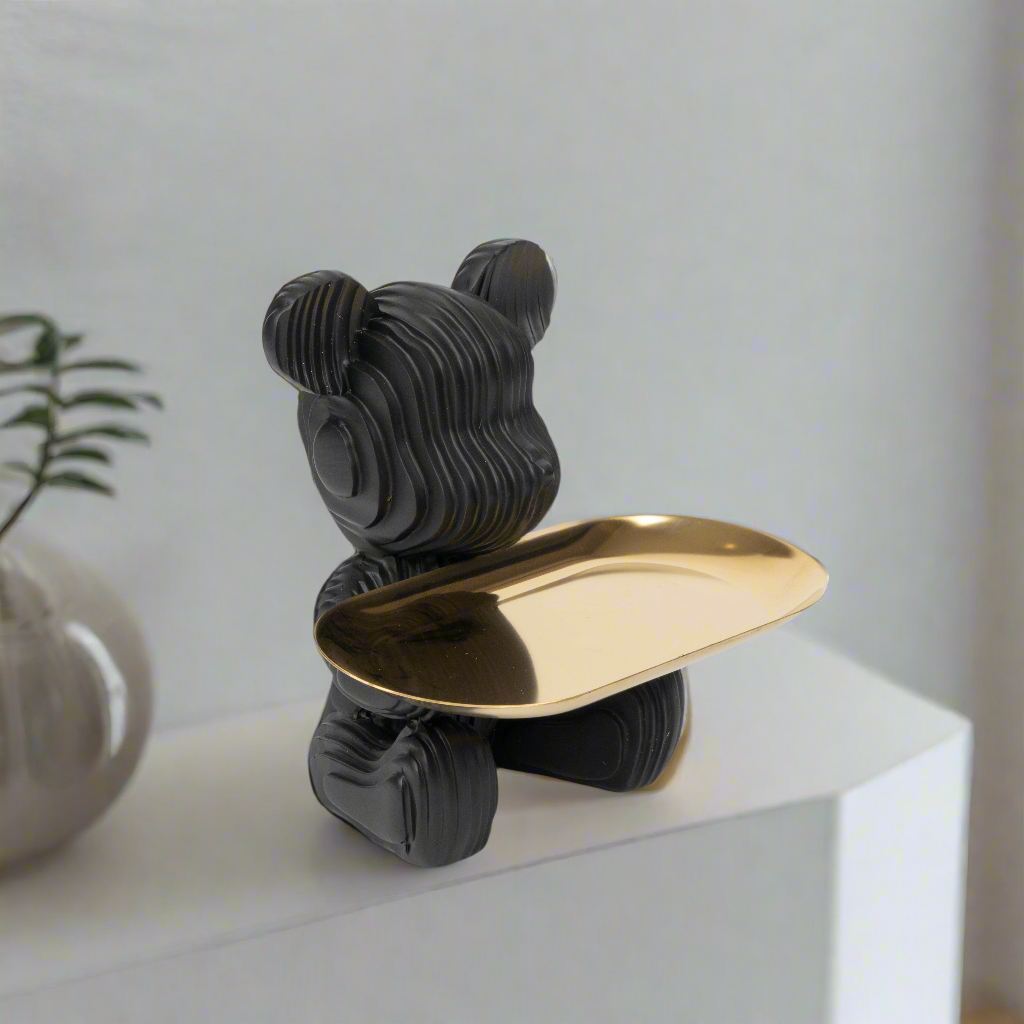 Sleek Bear Figurine with Golden Tray