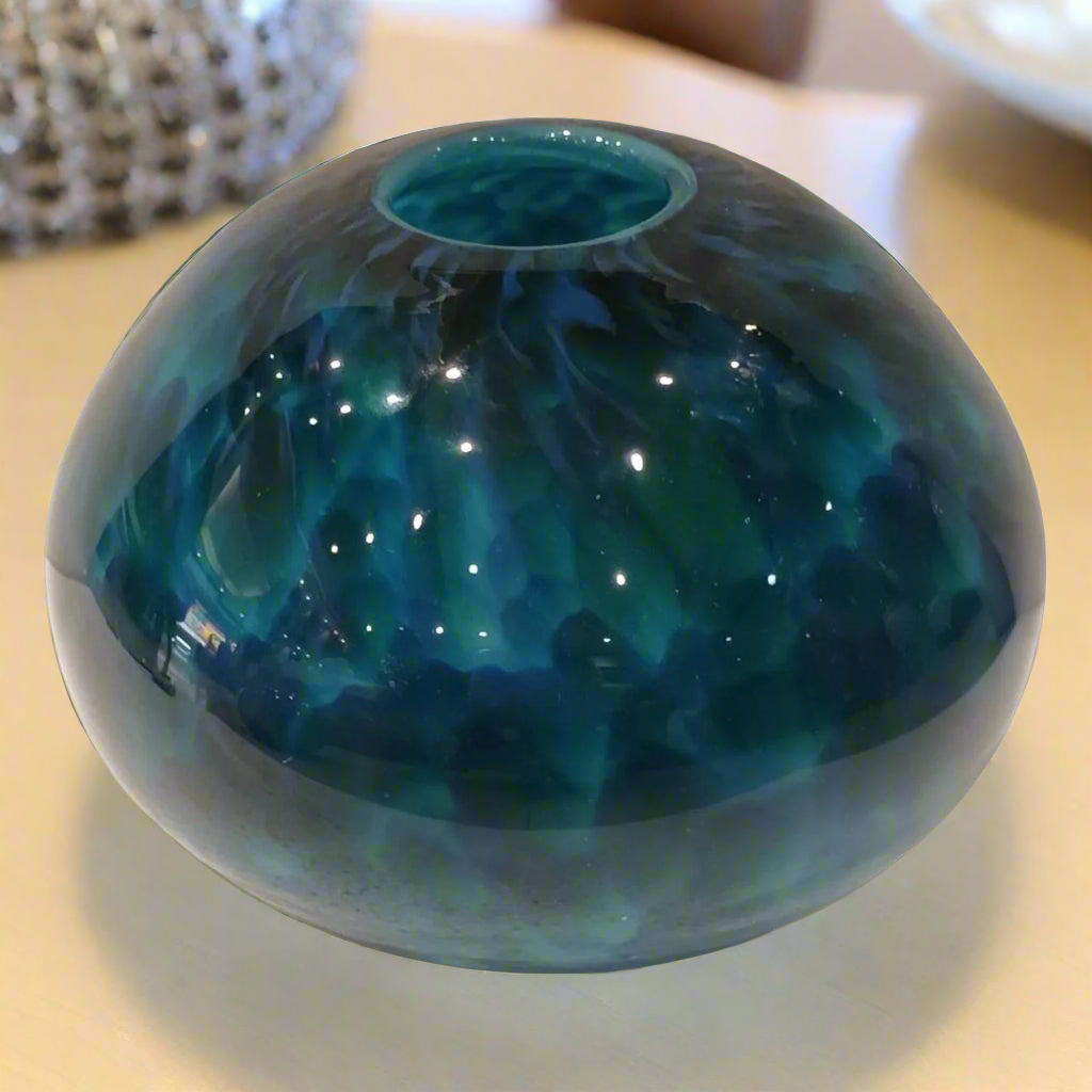 Aqua Orb: Hand-Blown Art Glass Sphere in Teal and Blue