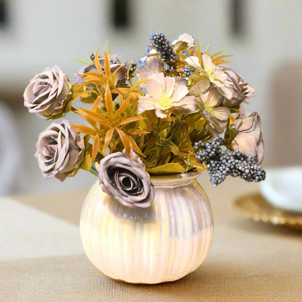 Ethereal Bloom: Artificial Floral Arrangement in Iridescent Ribbed Vase