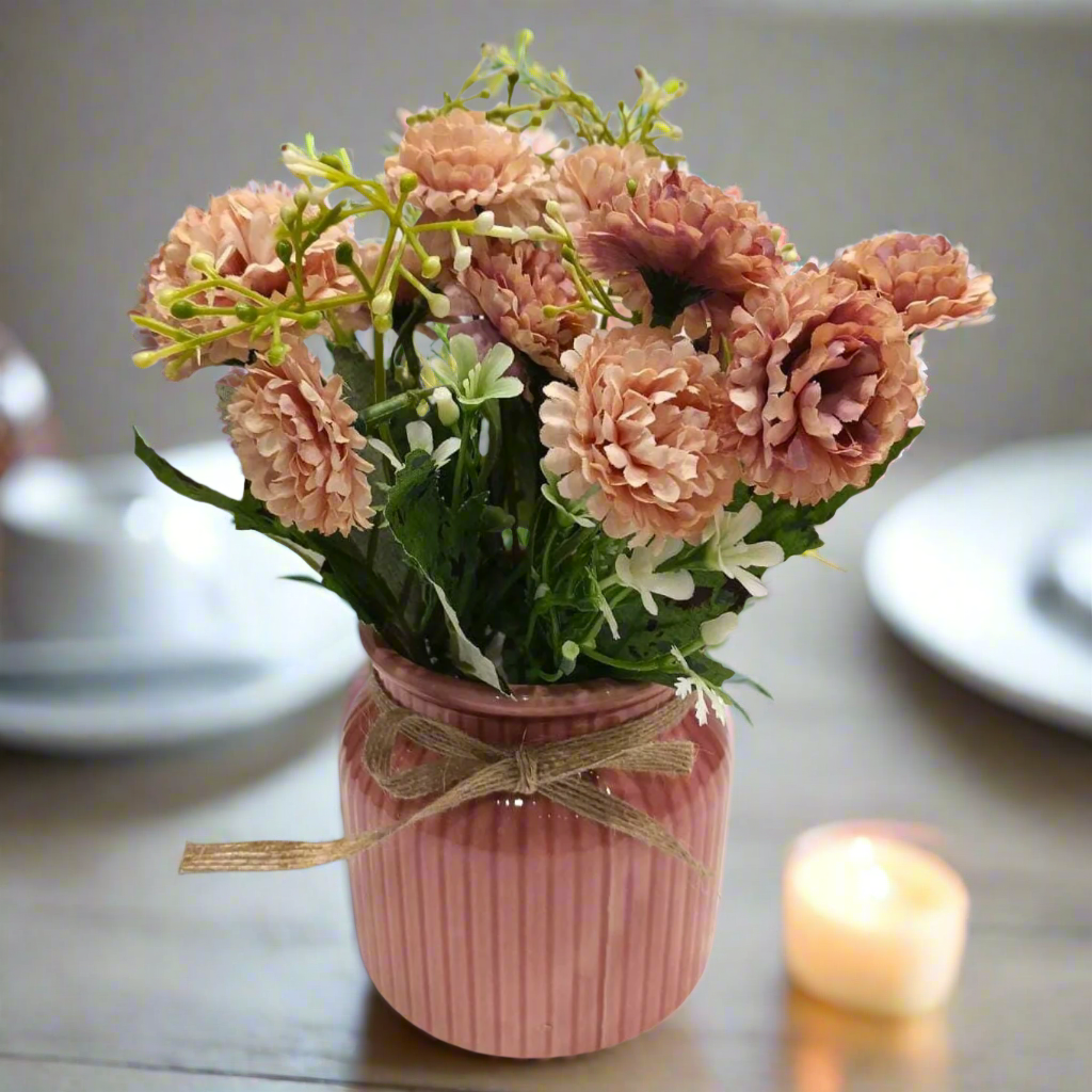 Rustic Charm: Artificial Blush Carnation Arrangement in Ceramic Ribbed Pink Pot