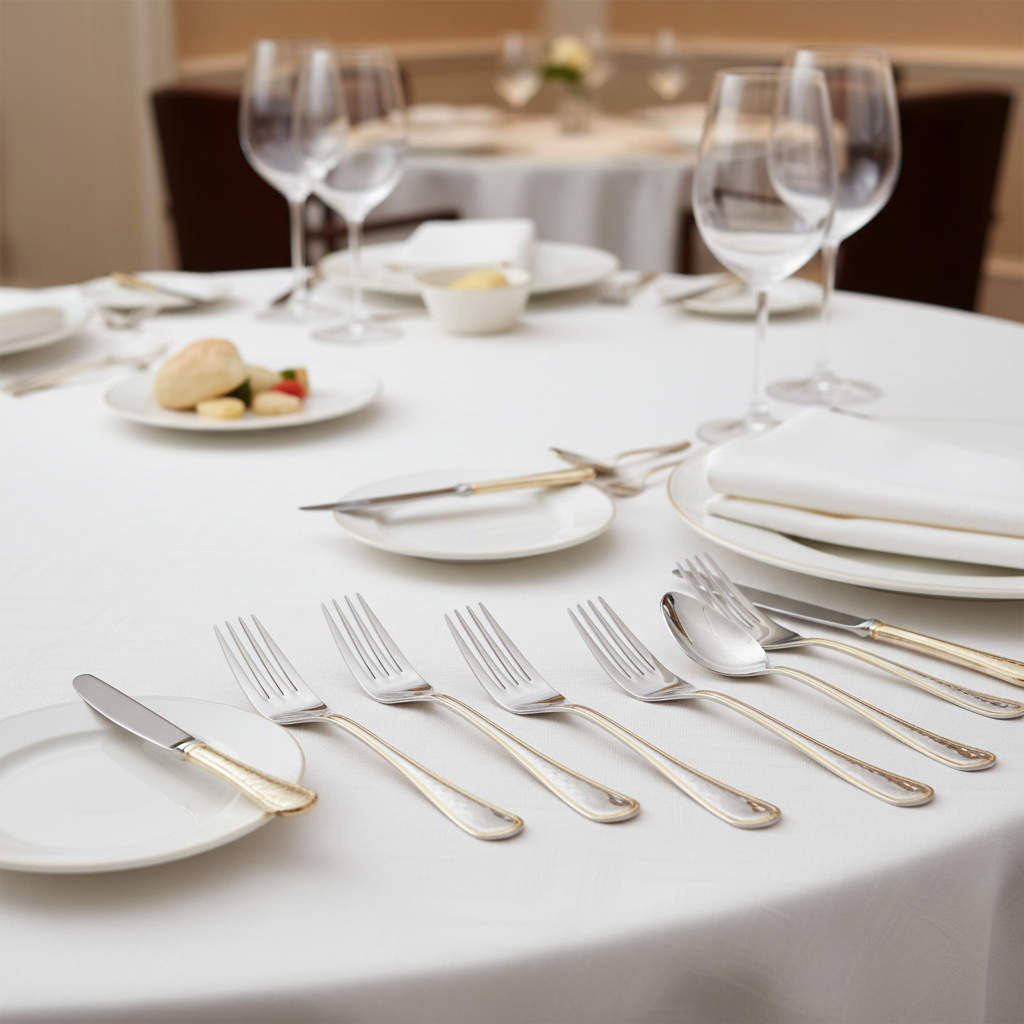Dining table set with white plates, silverware, and glasses in a restaurant setting.