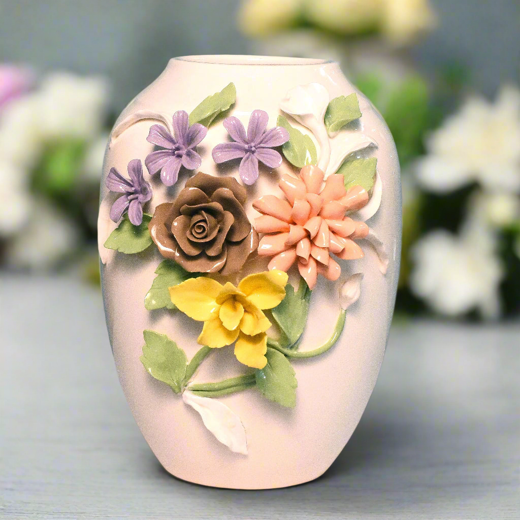 Everlasting Bloom: Hand-Applied Floral Ceramic Vase (Big)