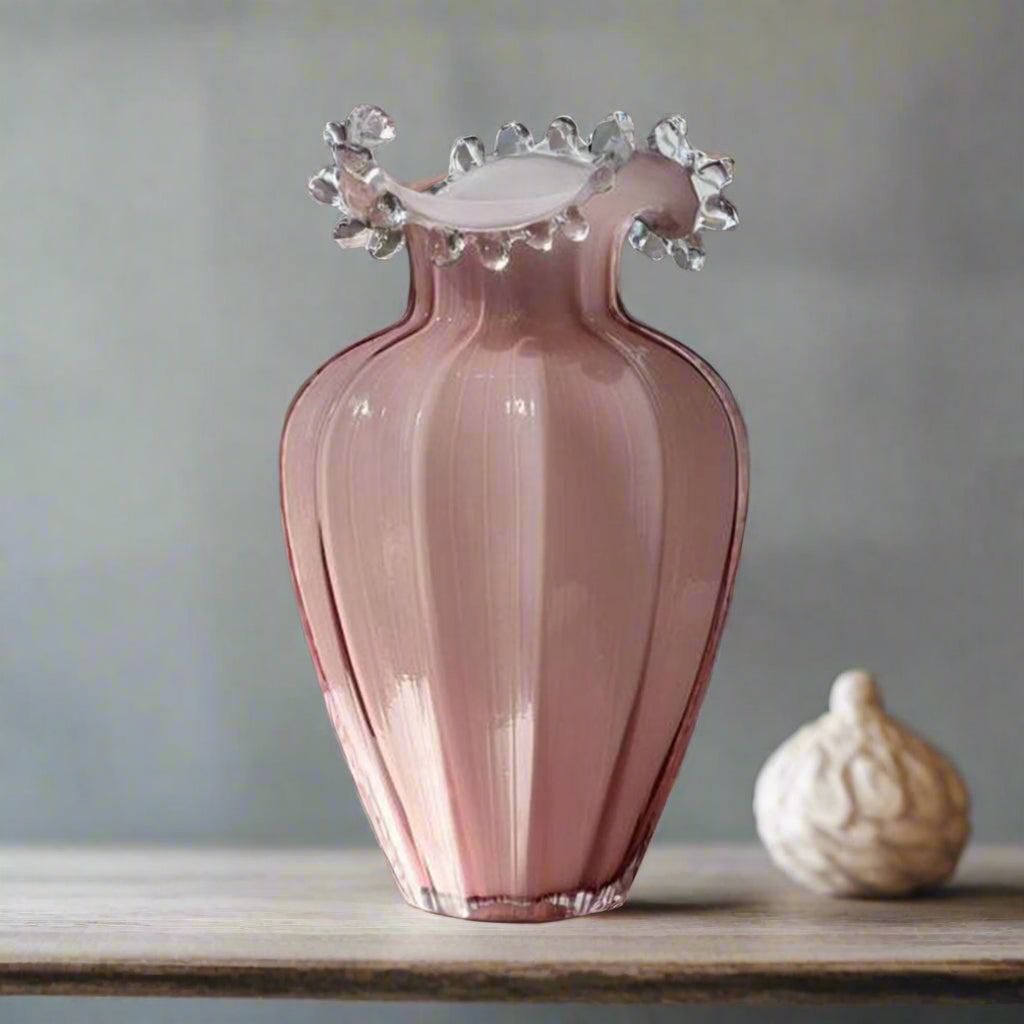 Blush Belle: Melon-Ribbed Art Glass Vase with Ruffled Berry Rim