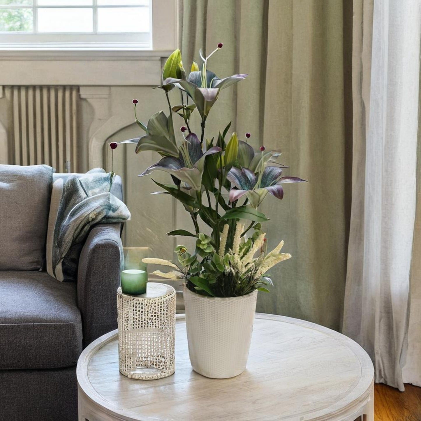 Ethereal Charm: Artificial Dusty Lilies in Ceramic Textured Pot