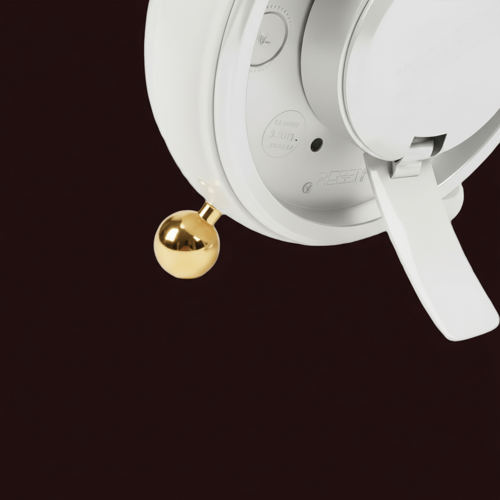 Close-up of a white electronic device with a gold ball on a black background