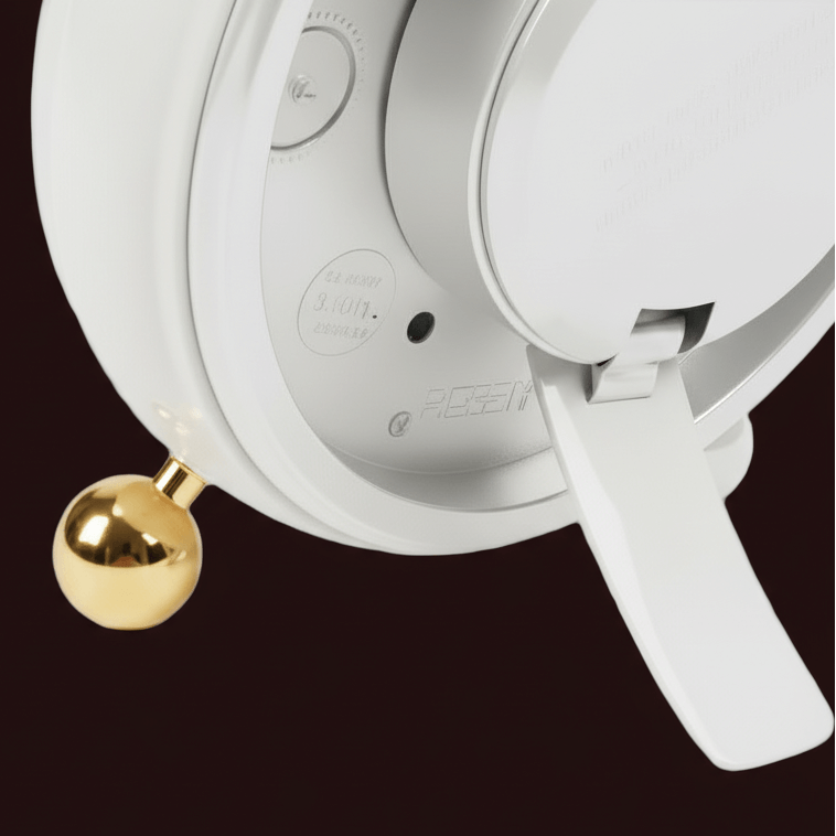 Close-up of a white electronic device with a gold ball on a black background