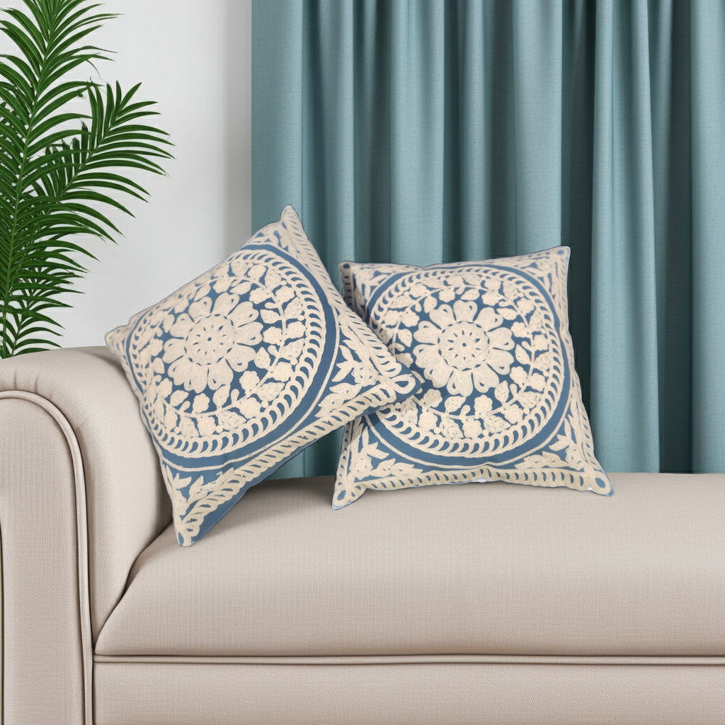 Royal Indigo Medallion Embroidered Cushion Cover