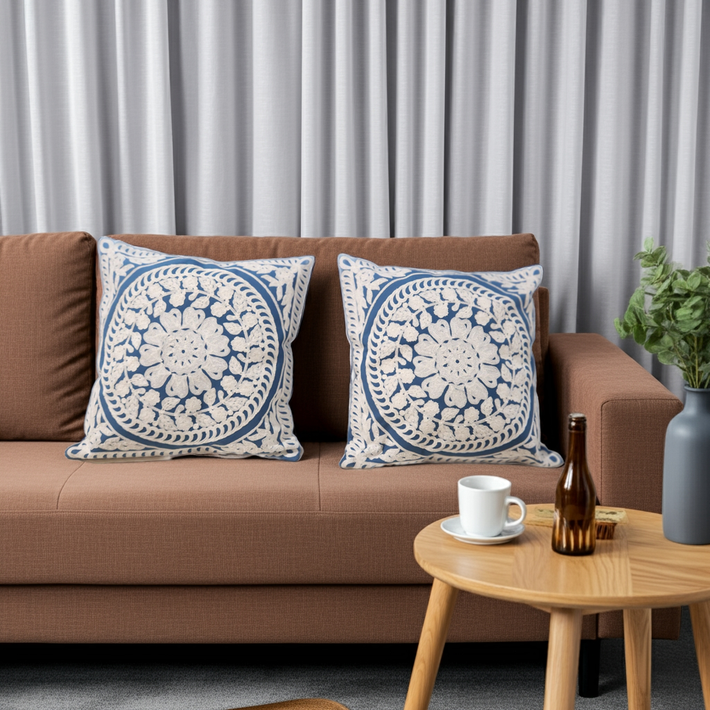 Royal Indigo Medallion Embroidered Cushion Cover