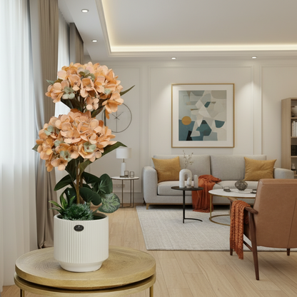 Modern living room with a potted plant on a table, curtains, and furniture.