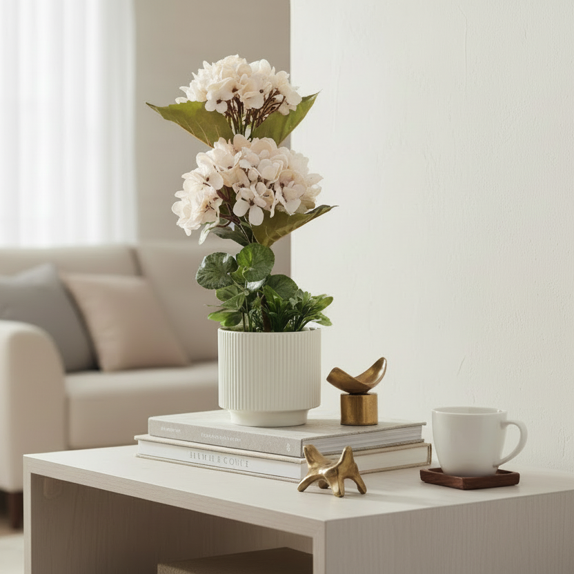 Living room with a white sofa, coffee table, and decorative items.