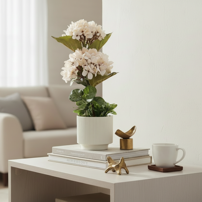 Living room with a white sofa, coffee table, and decorative items.