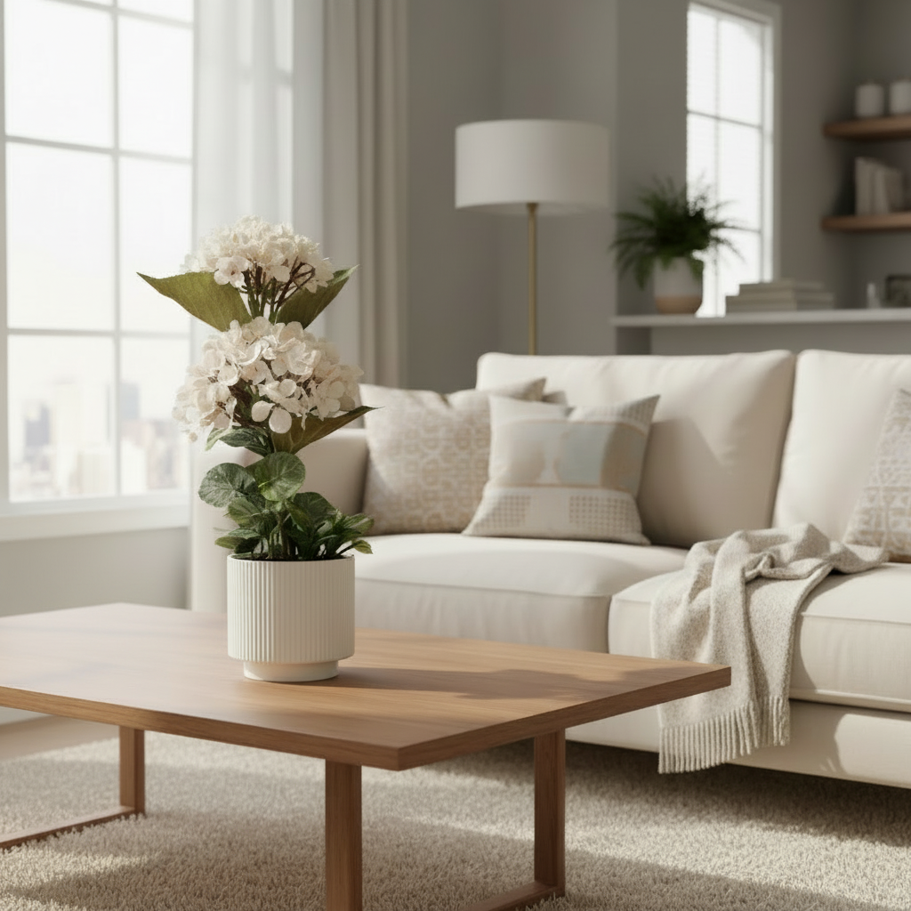 Modern living room with a white sofa, wooden coffee table, and decorative plants.