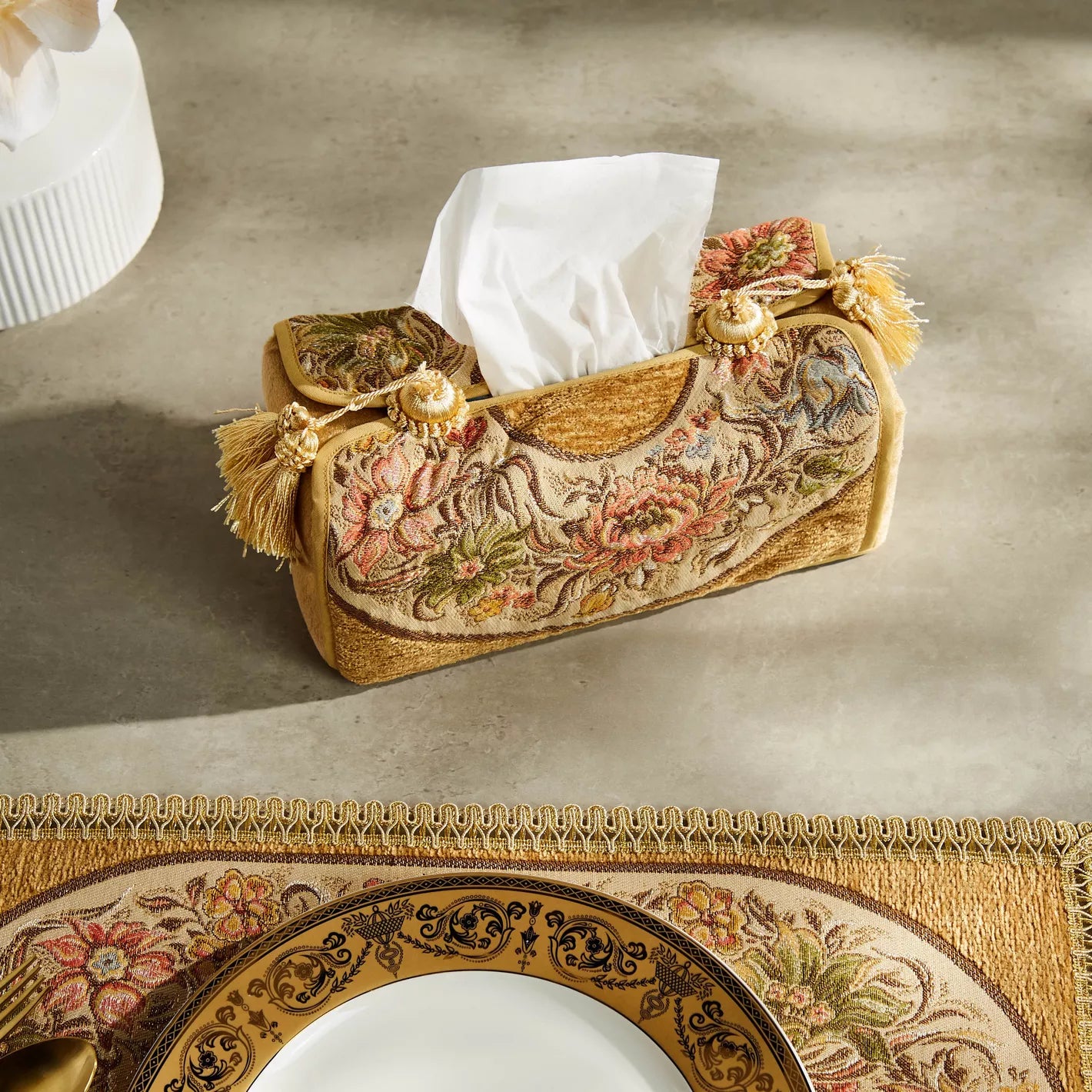 Luxurious Embroidered Floral Tissue Box Cover with Tassels