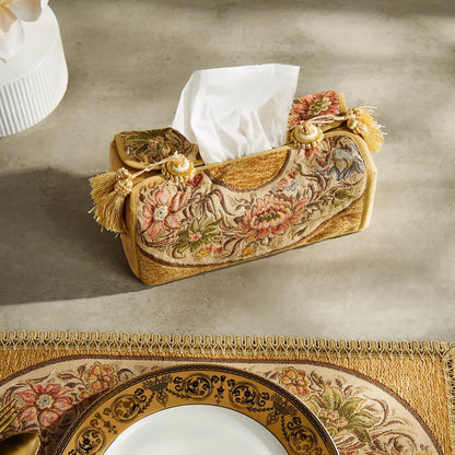 Luxurious Embroidered Floral Tissue Box Cover with Tassels