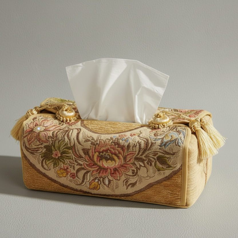 Decorative tissue box with floral patterns on a brown background