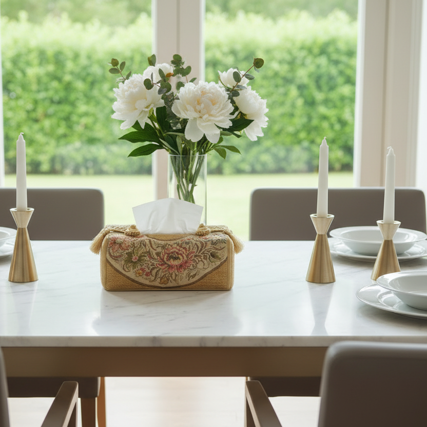 Dining table set with floral arrangement, candles, and tissue box in a bright room.
