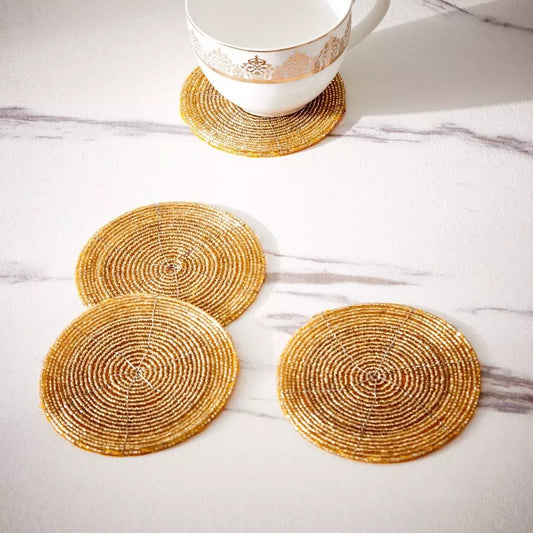 Dazzling Gold Beaded Round Coasters (Set of 4)