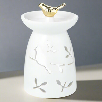 Elegant White Ceramic Bird & Leaf Oil Burner – Serene Aroma Diffuser with Gold Accent
