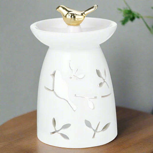 Elegant White Ceramic Bird & Leaf Oil Burner – Serene Aroma Diffuser with Gold Accent