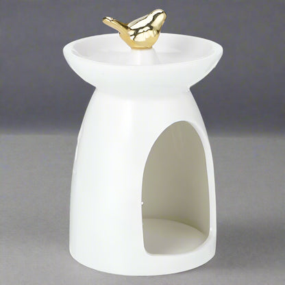 Elegant White Ceramic Bird & Leaf Oil Burner – Serene Aroma Diffuser with Gold Accent