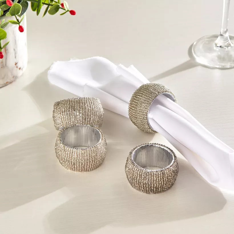 Dazzling Silver Beaded Napkin Rings (Set of 4)