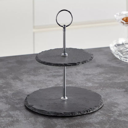 Rustic Chic Two-Tier Slate Dessert & Serving Stand with Silver Handle