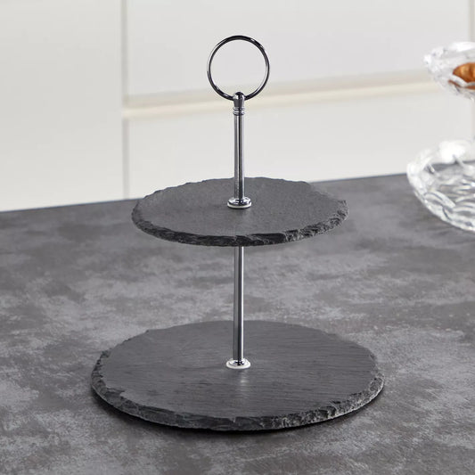 Rustic Chic Two-Tier Slate Dessert & Serving Stand with Silver Handle