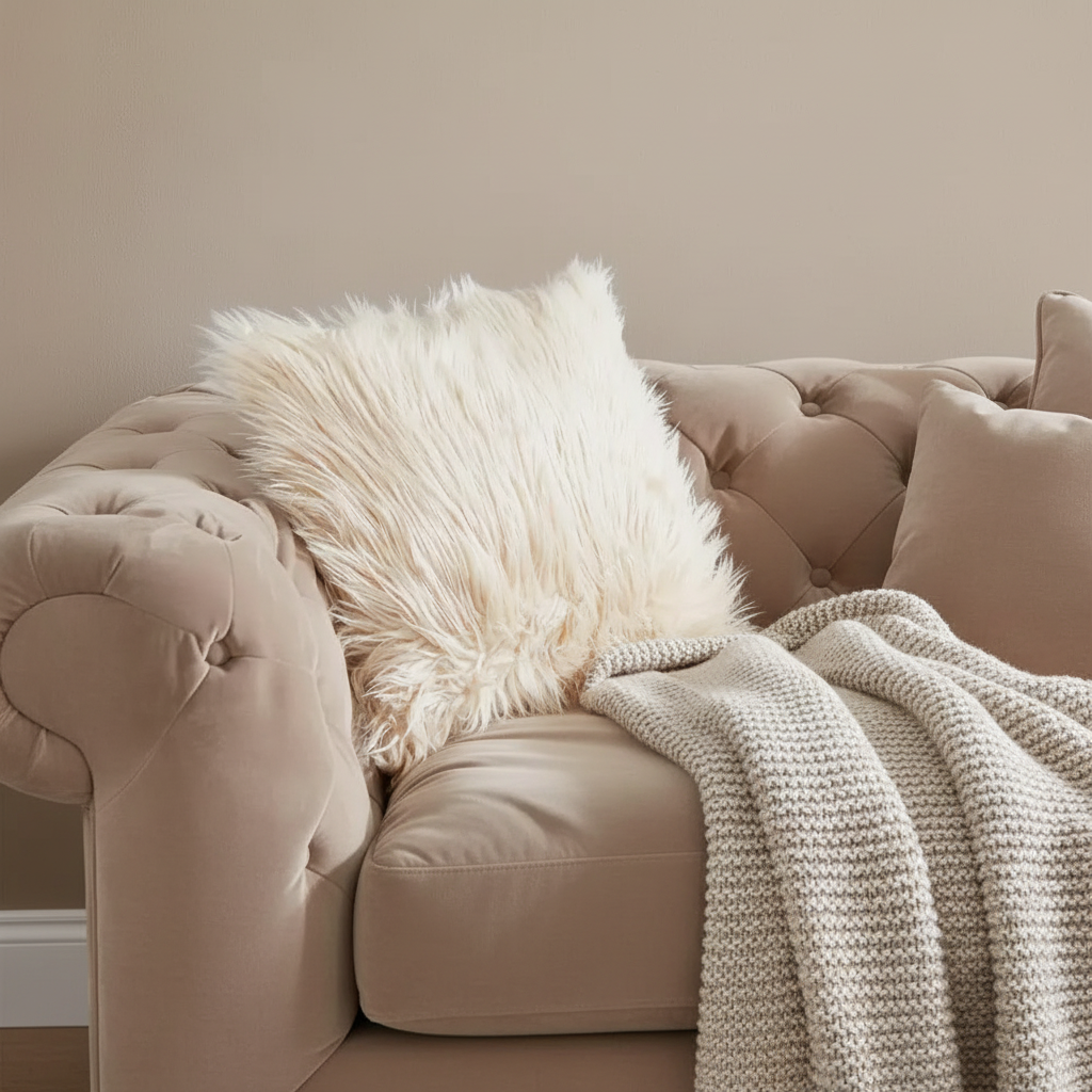 Beige sofa with a fluffy white pillow and knitted blanket on a neutral background
