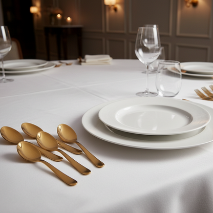 Dining table setting with gold flatware, white plates, and glasses.