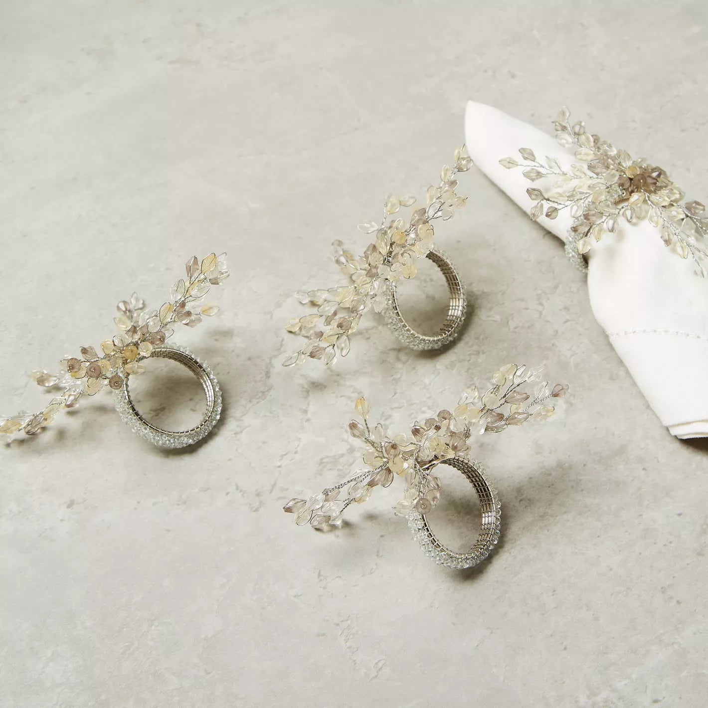 Elegant Beaded Floral Napkin Ring - Set of 4