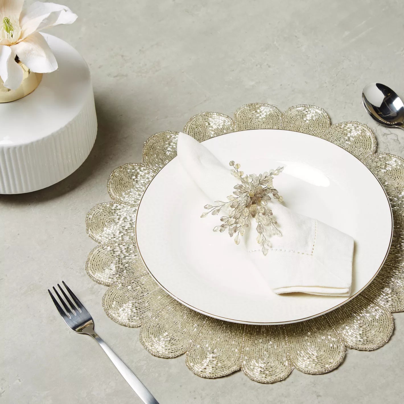Elegant Beaded Floral Napkin Ring - Set of 4