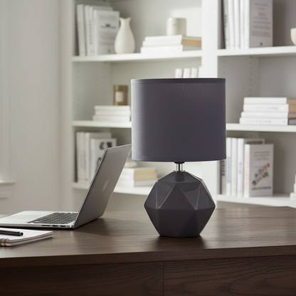 Geometric Faceted Ceramic Table Lamp with Grey Fabric Shade - 30 cm